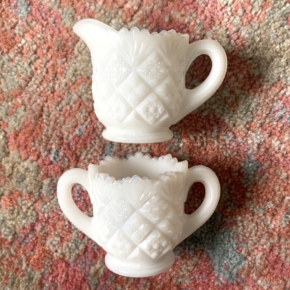 Small Westmoreland Milk Glass Sugar and Creamer with Quilt Pattern